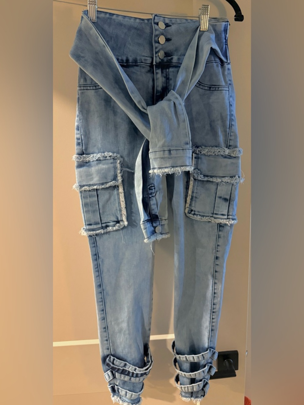 Black Label Light Blue Boyfriend Cargo Jeans with Frayed Pockets